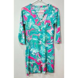 Lilly Pulitzer Alessia Dress XS Pima Cotton Green Pink Watercolor Resort Cruise